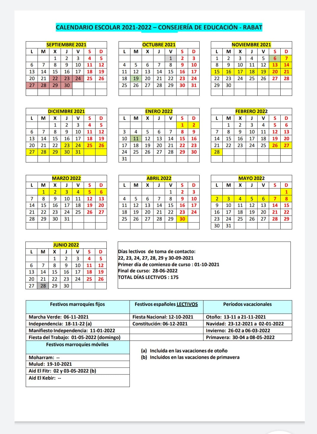 Calendario escolar del curso 2021-2022